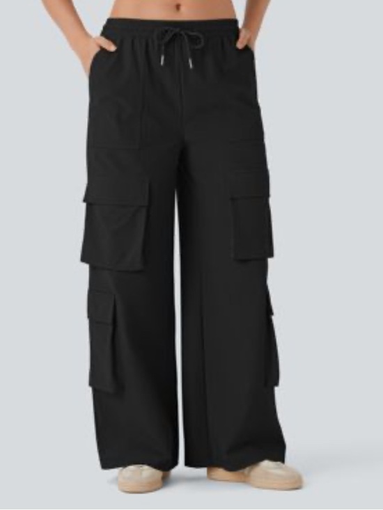 HALARA Pants - Halara size large new Black Wide-Leg Cargo Pants velour Ribbed casual relaxed